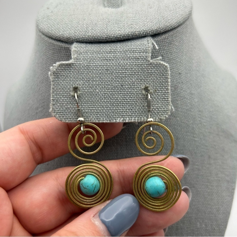Large Gold Tone Swirl Faux Turquoise Blue Bead Dangle Earrings Music Note